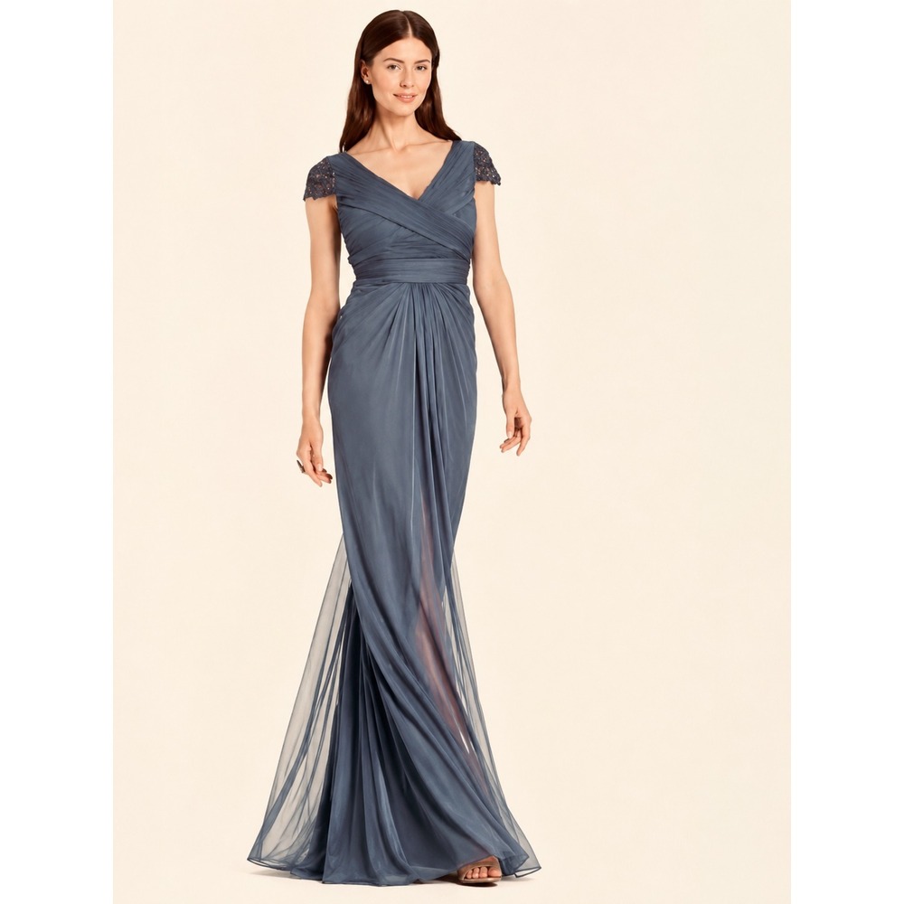 Adrianna Papell Size 10 Gray Beaded Cap Sleeve Ruched Long Formal Gown Dress M